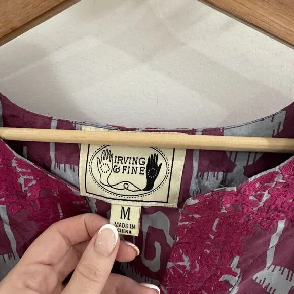 Irving & Fine Balloon Sleeve 100% Silk Geometric Print Blouse Boho Chic - Picture 4 of 5